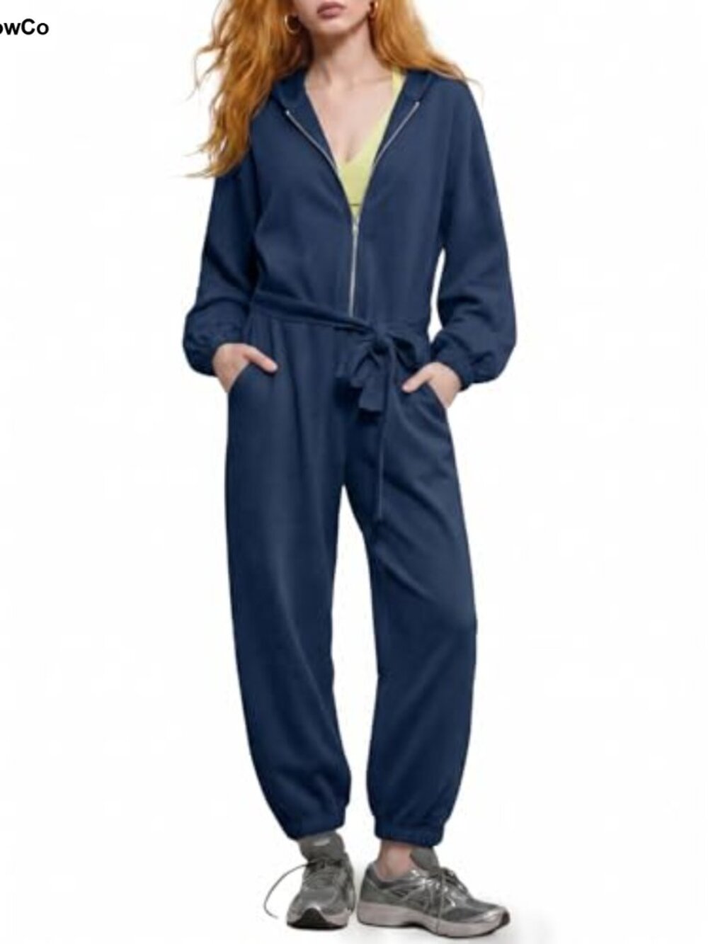 Women's Long Sleeve Zip Up Hoodie Jumpsuit with Tie Waist and Loose Fit Jogger
